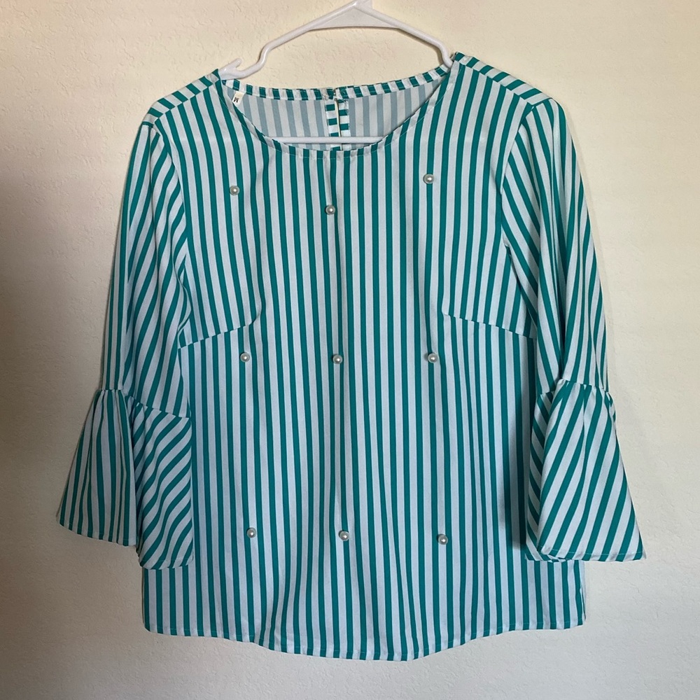 Striped white and green shirt/blouse